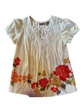 Art & Soul Womens Floral Cream Lace Boho Top  Red & Yellow Flowers Size Small